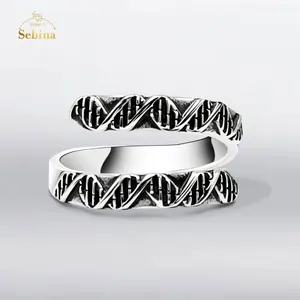 Sebina S925 DNA Ring Molecule Double Helix Structure Adjustable Ring Sterling Silver Jewelry for Men Women