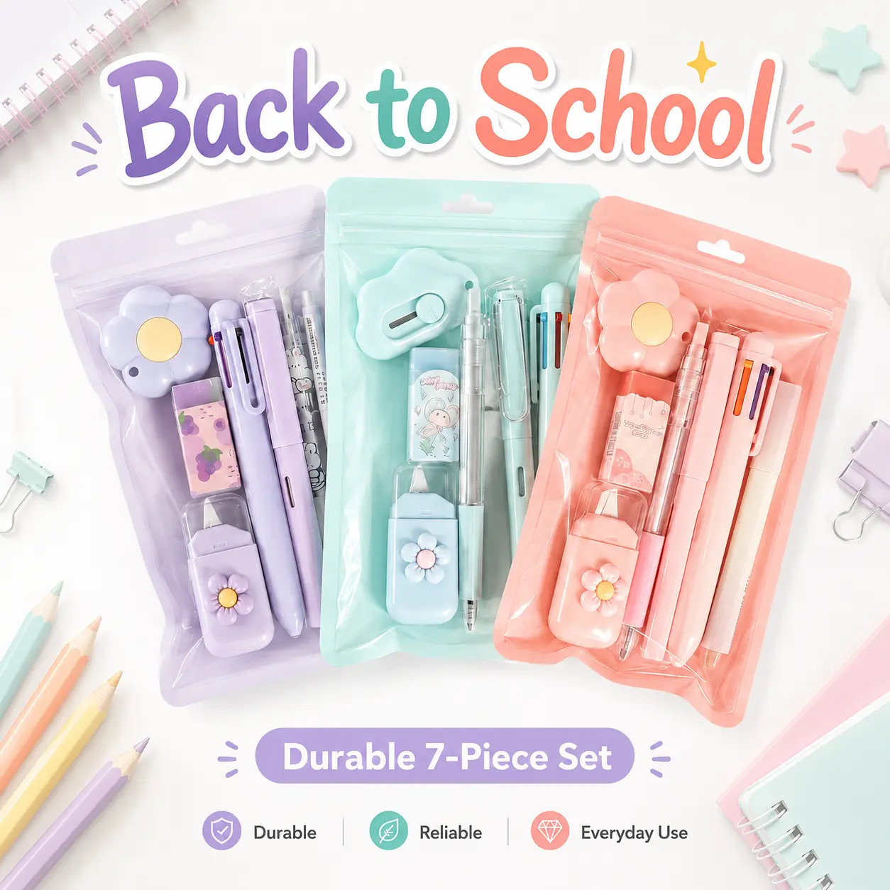 7Pcs Pink Stationery Supplies Set - Kawaii Aesthetic School Supplies Kit, Cute Desk Accessories with Writing Tools (Ballpoint Pens, Highlighter, Pencil Sharpener, Correction Tape, Ruler), Back to School Study Essentials, 1-Set Gift for Girls Teens