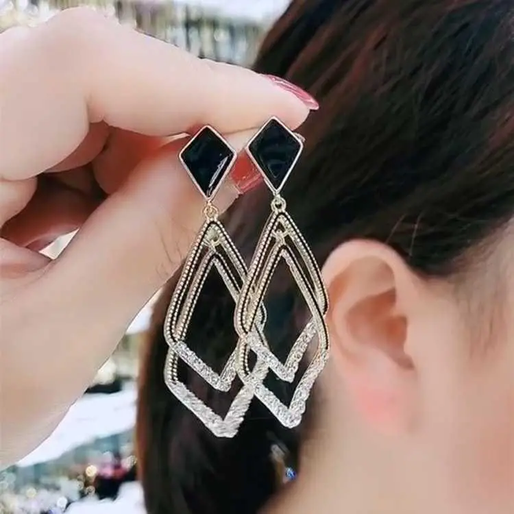 Japanese Korean Style Elegant Earrings for Women Silver Post Black Double Diamond-Shaped Drops Rhinestone Fashion 2024 Trendy OL HNAN66
