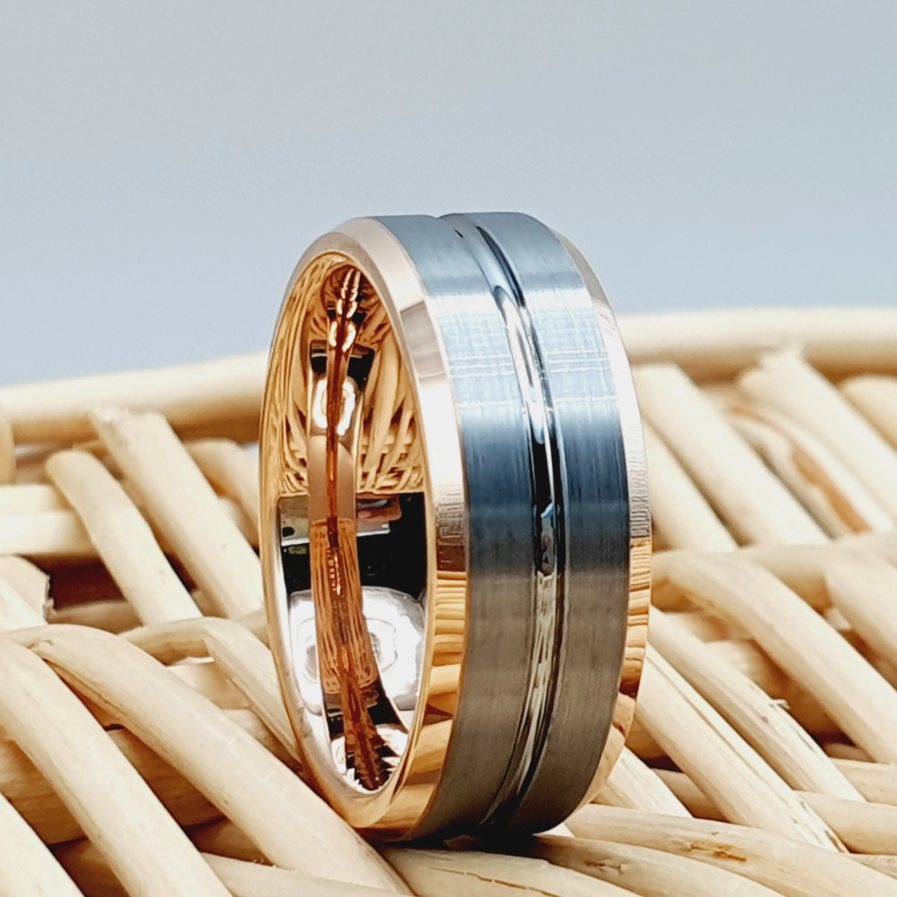 Men's Beveled Edge Rose Gold and Brushed Tungsten Custom Engrave Wedding Ring
