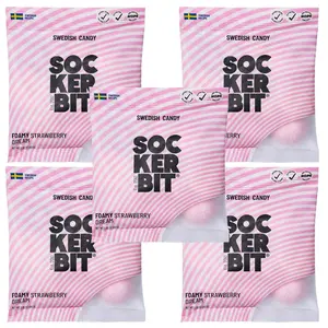 Sockerbit Swedish Candy Foamy Dream, 5 Bags, Soft Strawberry Marshmallow Gummy Candy, Sweet Sugar-Coated Puffy & Pink Foam Gummies, Gluten Free & Non GMO, 2.82oz Each Bag
