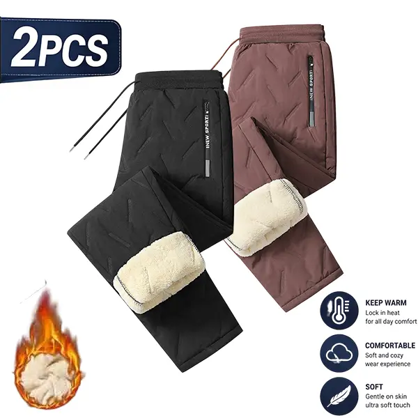 Men’s fleece-lined casual pants, set of 2 — letter print, minimalist athletic long pants with side zipper pockets; warm, comfortable, versatile men’s long pants