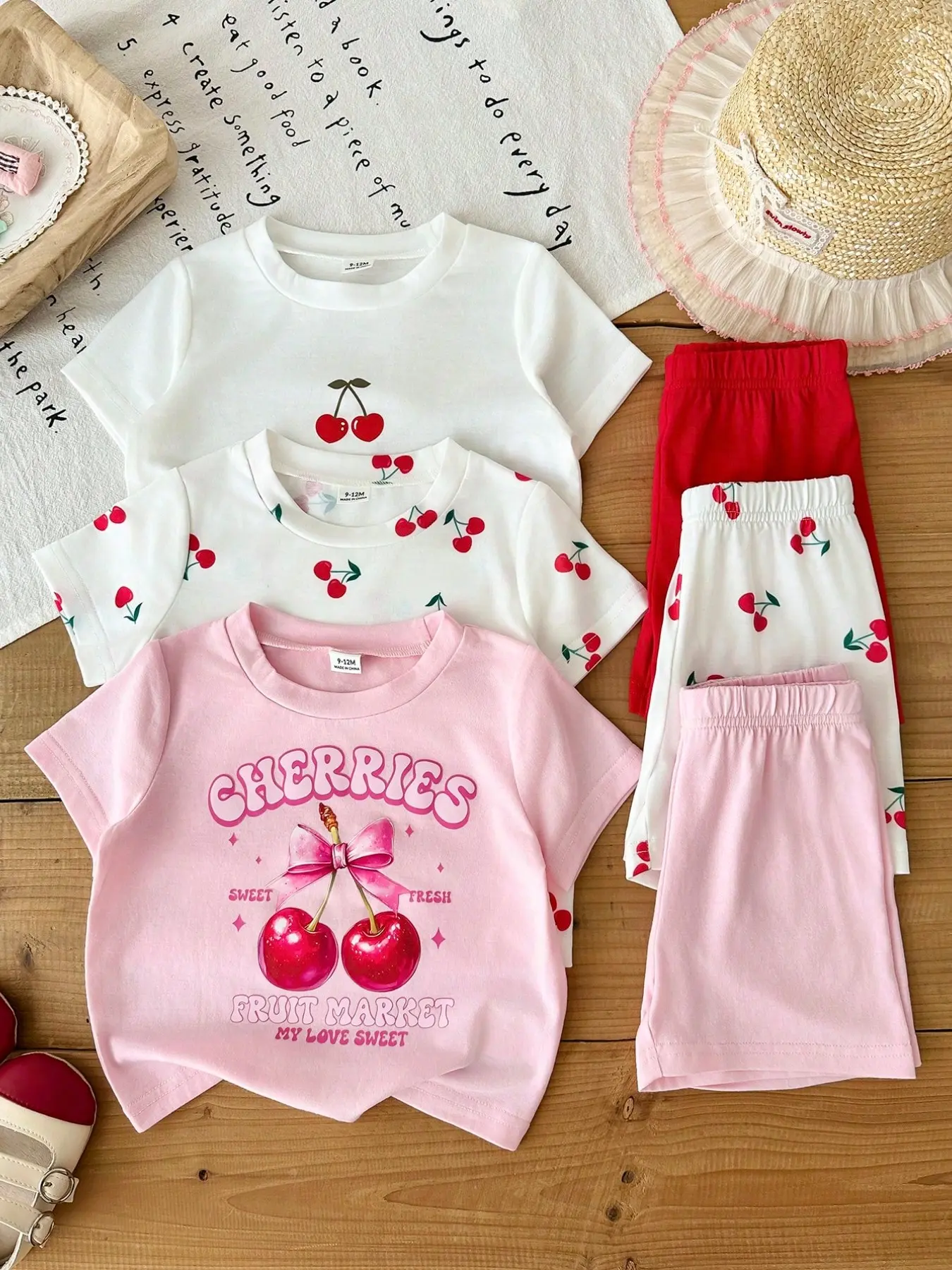 6pcs/Set Baby Girls' Casual Cute & Comfortable Cherry Pattern & Letter Print Short Sleeve Top And Shorts Set, Suitable For Spring/Summer Outings And Daily Wear
