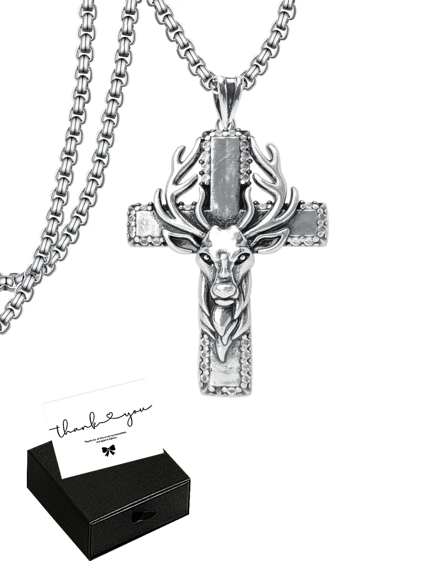 Deer Head Pendant Necklace, Chain Necklaces, Guardian Cross Copper Charm, Vintage Style Unisex Gothic Mystery Jewelry, Ideal Christmas Gift for Men and Women