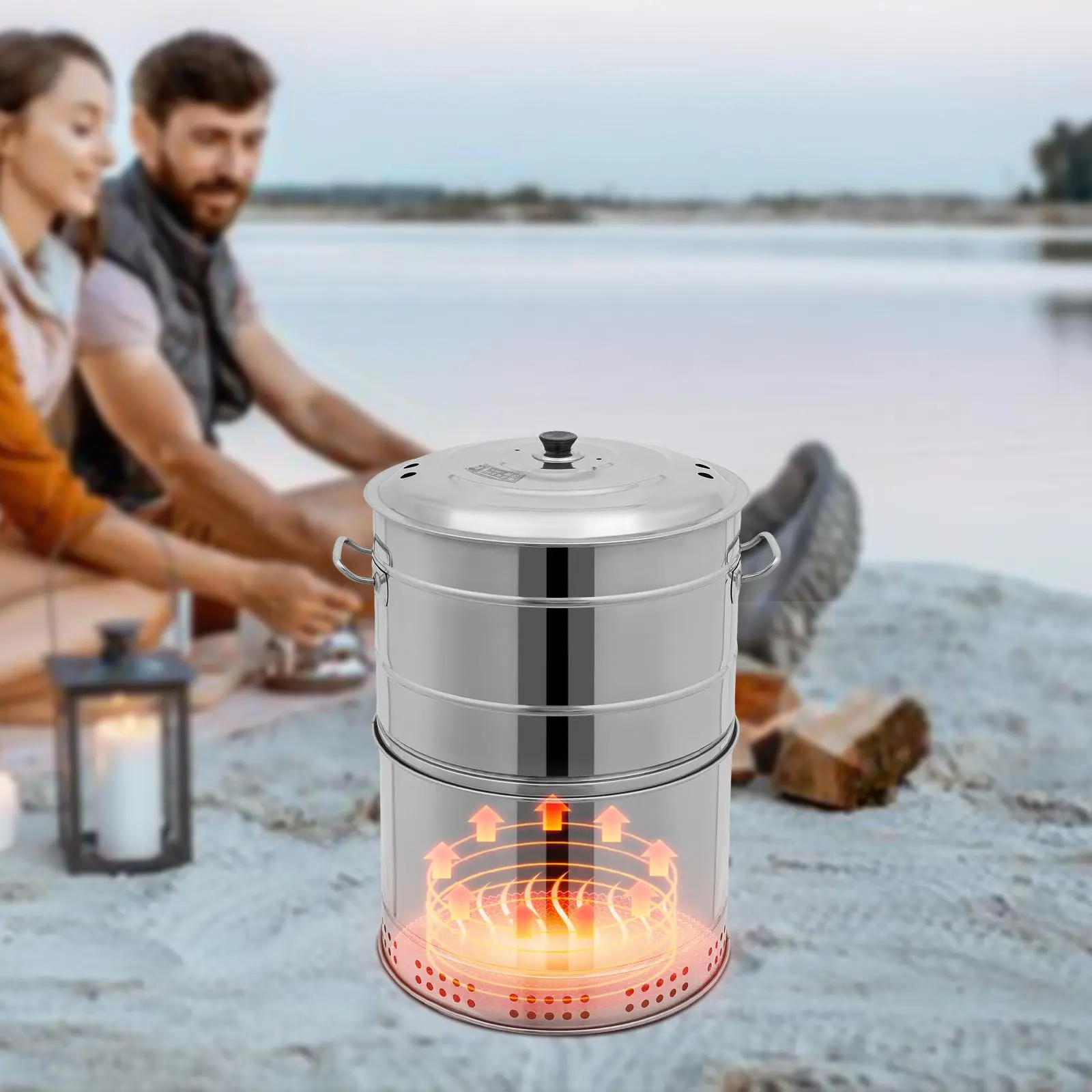 Large Portable Charcoal Grills, Stainless Charcoal BBQ Grill Barrel 360° Smokeless Outdoor with 50 Skewers, Boiling Pot Barbecue Smoker Grill for Travel, Outdoor Cooking and BBQ Silver
