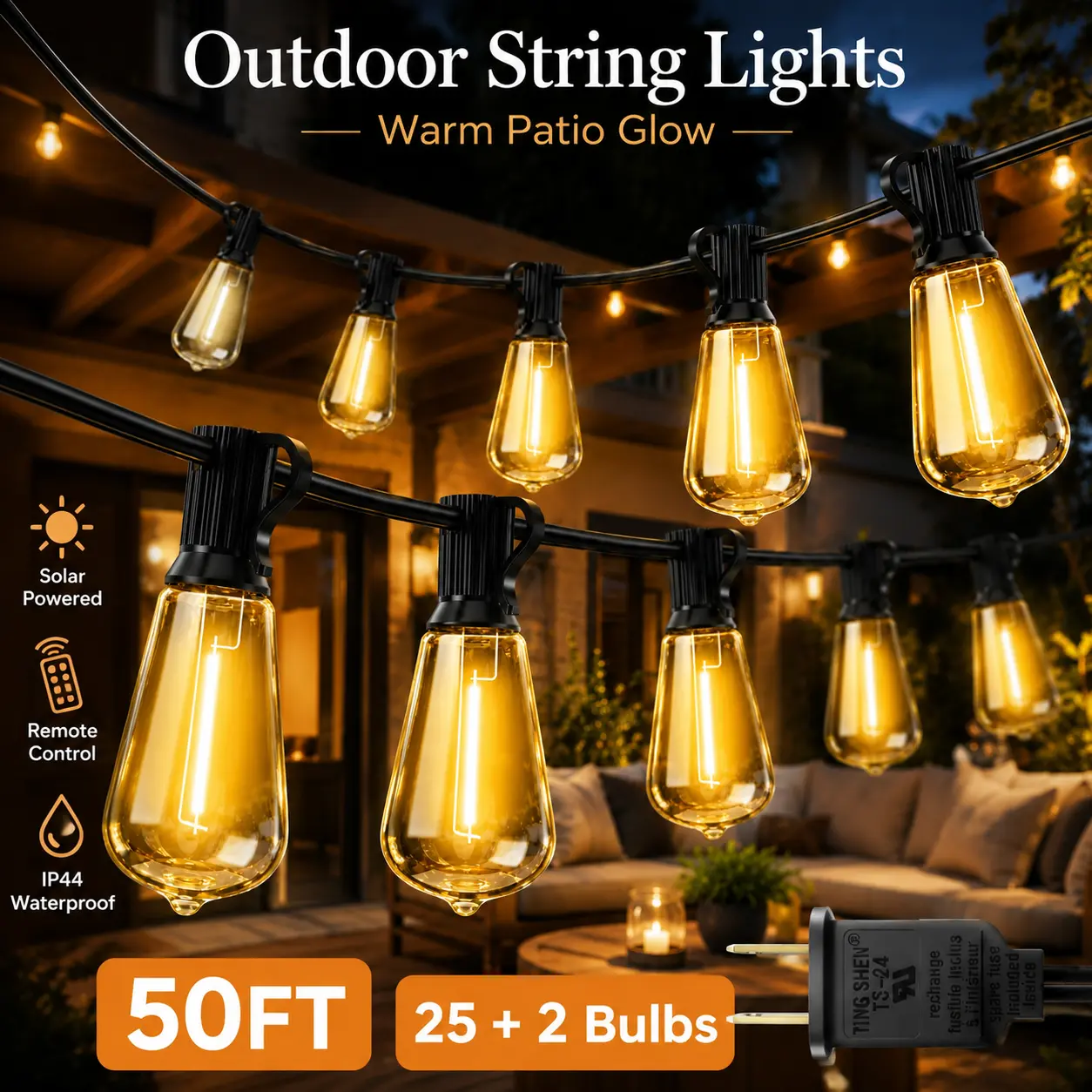 Classic 50FT Plug-in ST38 LED Outdoor String Lights, Home Supplies, 25 Replaceable Plastic Bulbs + 2 Spares, E12 Sockets, 2700K Cozy Glow Warm White, IP44 Weather-Resistant Connectable Hanging Lights for Outdoors Backyard, Patio, Pergola Decor