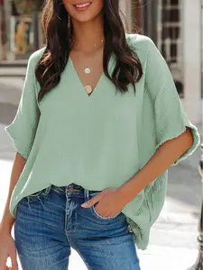 Frayed Batwing Sleeve Textured Cotton Blouse, 100% Cotton Blouse For Breathable and Comfortable Wear.