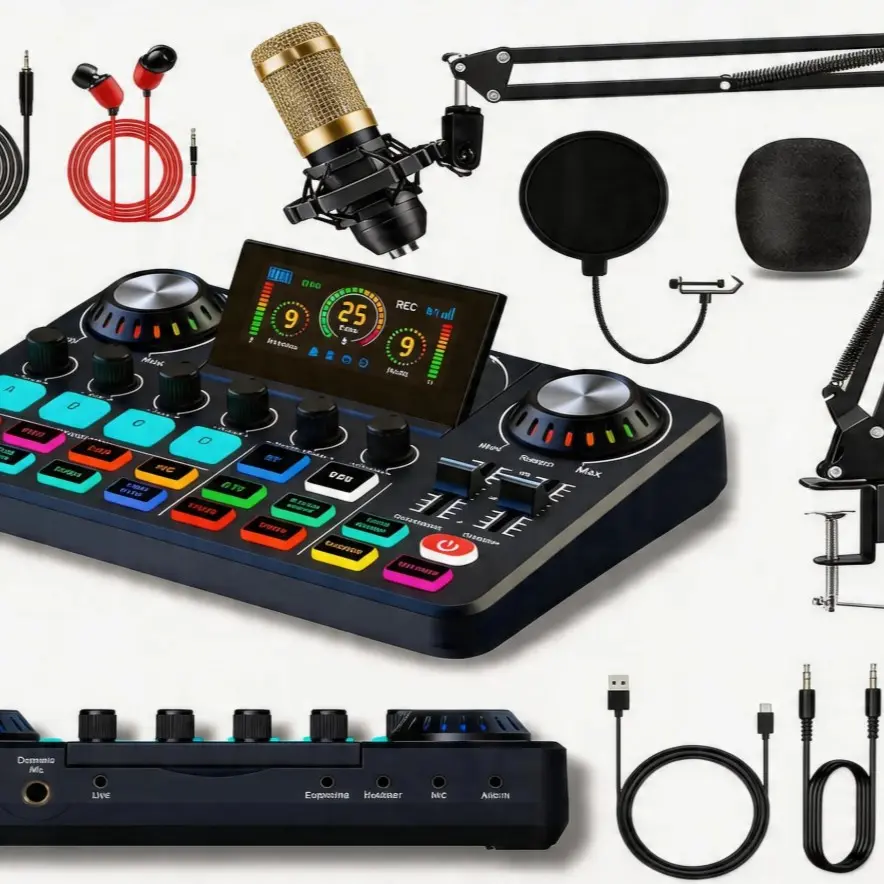 Live Sound Card microphone set, Live Sound Cards, with multiple sound effects and a 3D foldable screen with OTG, plug and play for streaming media, podcasts, gaming, singing, High definition condenser microphone for content creation