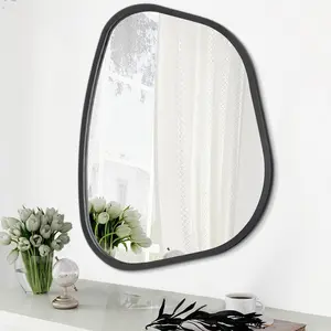 Asymmetrical Irregular Oval Wavy Wall Mirror with Wood Frame Modern Unique Artistic Decorative Mirror for Vanity Bathroom Living Room Bedroom Entryway Hallway Small 14"x10"