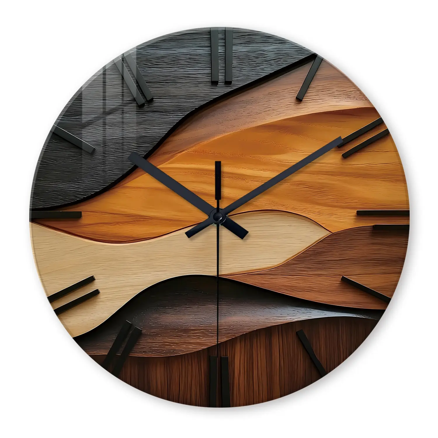 Artistic Multi-Size Round Tempered Glass Wall Clock, Nordic Faux Wood Design, 4mm Thickened Glass, Silent Non-Ticking Movement
