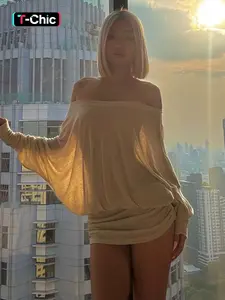 Women's Solid Off-The-Shoulder Long Sleeve Dress, Womenswear Fashion Statement Casual Sheer Dress for Party Club Dating Wear, Women's Dress for Spring & Fall