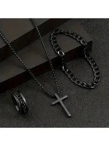 Set of 3 Stainless Steel Cross Cuban Link Rotating Chain Rings, Men'S Necklace Set