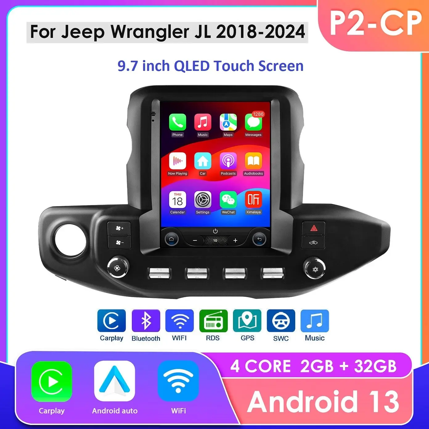 Hizpo Android 13 Touchscreen Car Stereo Head Unit (Carplay Car Stereo) for Jeep Wrangler JL 2018-2023 & Gladiator, Plug-in Fit, Wireless Carplay Touchscreen, Auto AC, GPS Navigation, LCD, 8-Pin Connector, Music Support, SWC Compatibility, Bluetooth