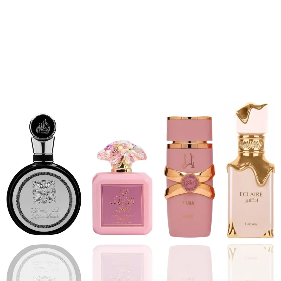 Lattafa 4-Pieces Women's Fragrance Bundle - YARA ELIXIR, Pink Blush Shams Al Emarat, ECLAIRE, Fakhar Lattafa, Couples Gift, Cozy Mood, Playful Blend, Vanilla Base, Amber Women's Fragrance, Blackcurrant Women's Fragrance