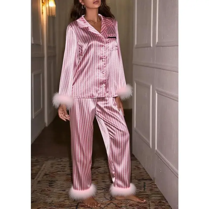 Women's 2-Piece Satin Loungewear Set - Long Sleeve Lapel Stripe Print Polyester Top & Trouser Pajama Sleepwear, Pajama Set