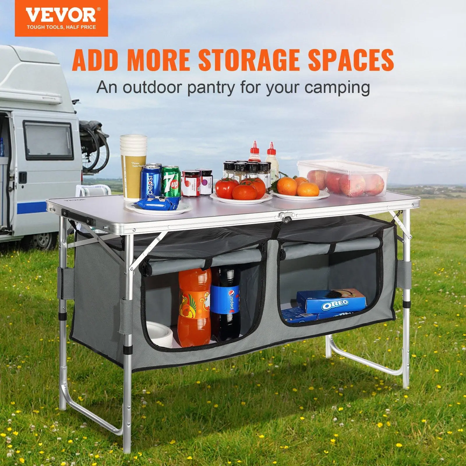 【Summerfinds】VEVOR Camping Kitchen Table, Quick set-up Folding Camping Table, 3 Adjustable Heights, MDF Camping Table, Ideal for Outdoor Picnics, BBQs, Camping, RV Traveling