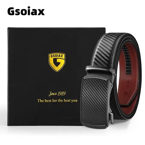 GSOIAX Men's Genuine Leather Belt - Auto-Adjusting Ratchet Automatic Buckle, Easy Release, High-Quality Cowhide, Cuttable Extended Strap, Designer Dress & Casual Wear, Holiday Gift Box Packaging