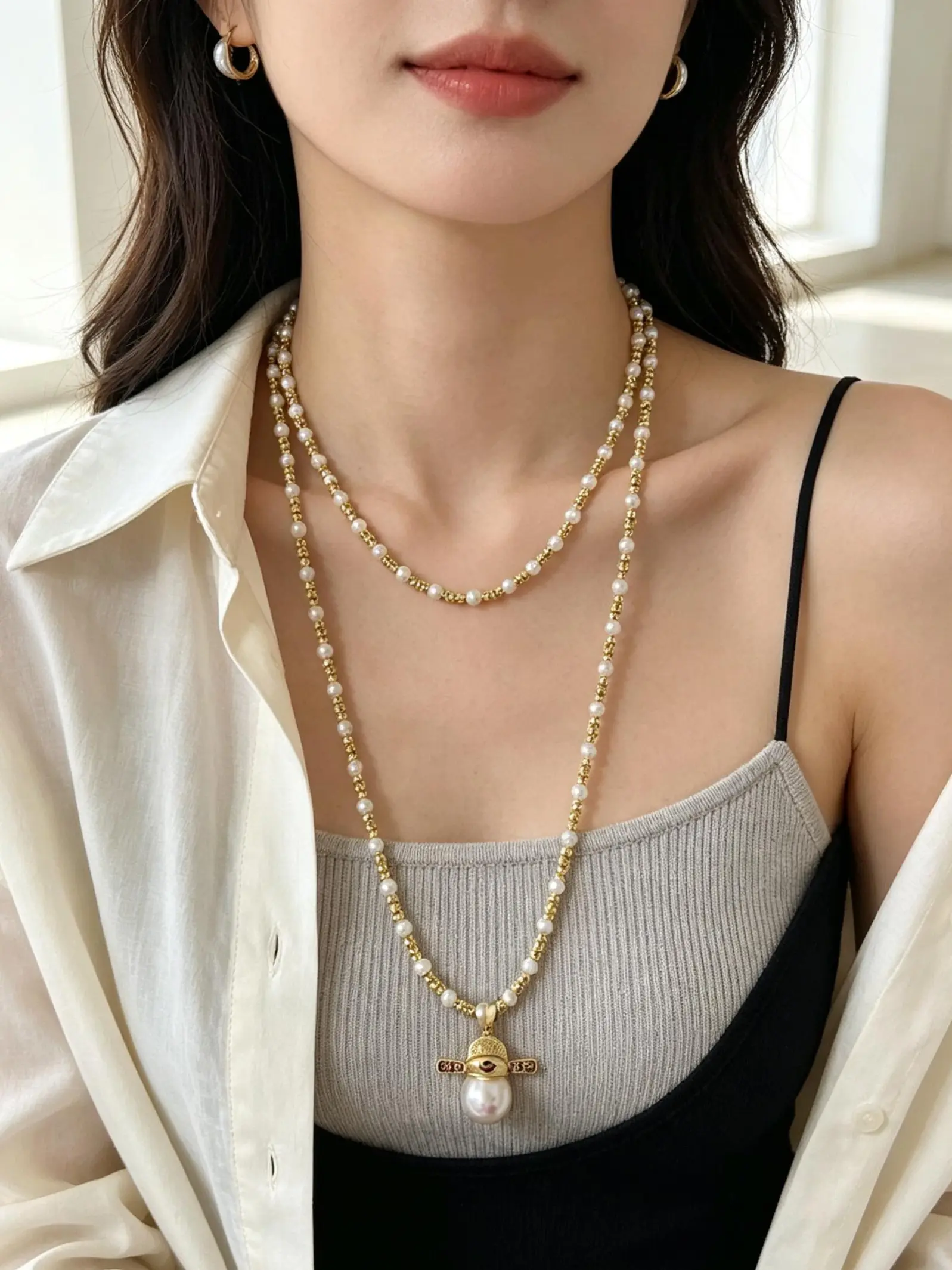 NO.15-Mini God of Wealth Pendant Pearl Beaded Necklace, Dainty Gold Mixed Pearl Lucky Charm Necklace for Women