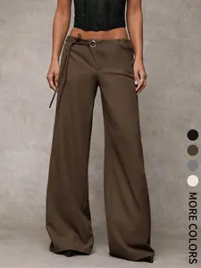 Women's Casual Solid Color Wide Leg Pants, Soft Draped Fabric, Waist Eyelet, Drawstring and Adjustable Design, Perfect for Daily Wear and Commuting