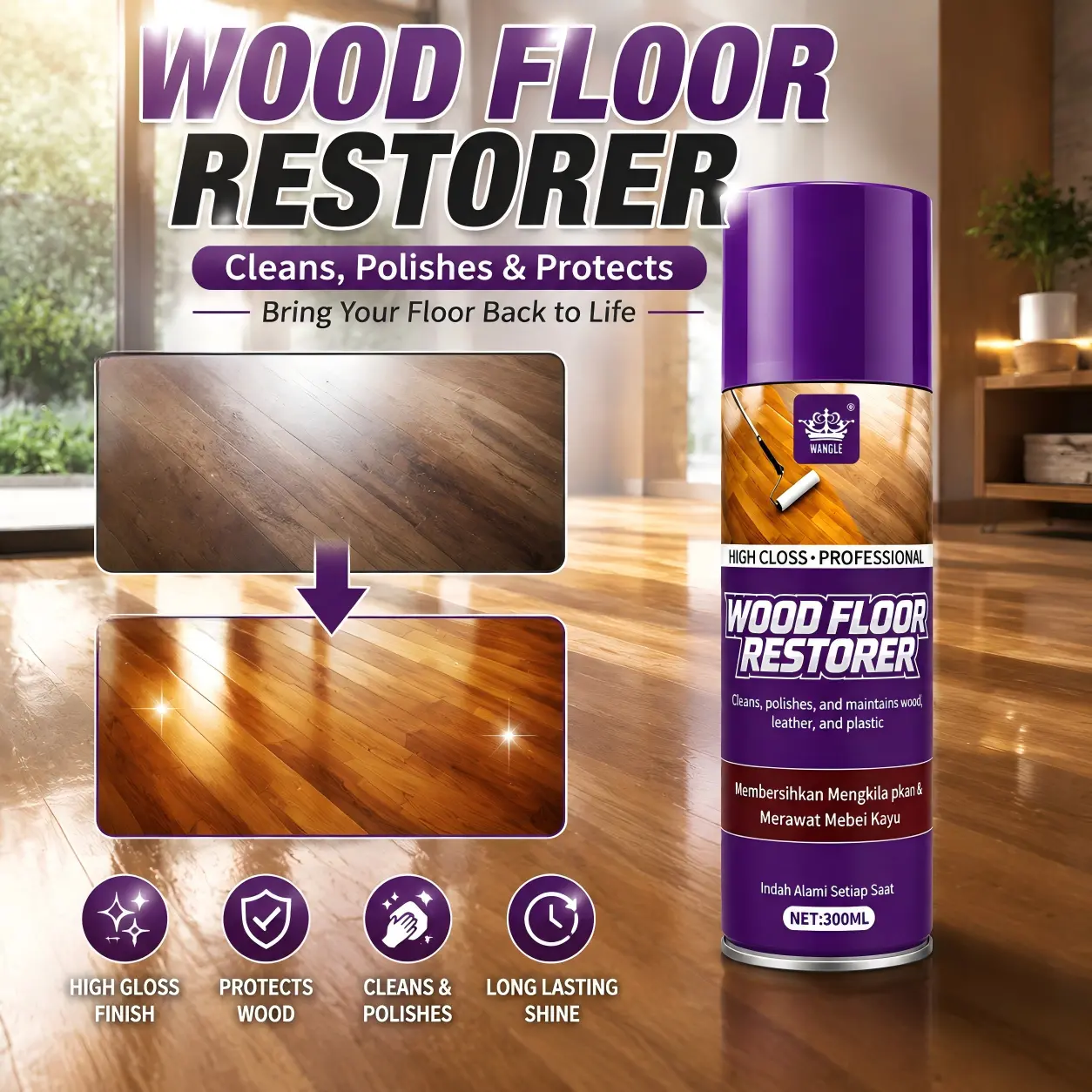 Wood Floor Restorer & Floor Wax – Advanced Floor Care Formula Revives Dull Wood Surfaces, Enhances Natural Shine & Smooth Finish, Helps Protect Hardwood Floors, Ideal for Home, Office & Wood Surface Maintenance