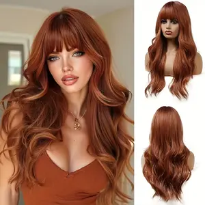 Female 28-in Shiny Copper Auburn Body Wave Synthetic Full Machine Wig with Wispy Bangs - Heat-Resistant, Dating & Party Cosplay Wig