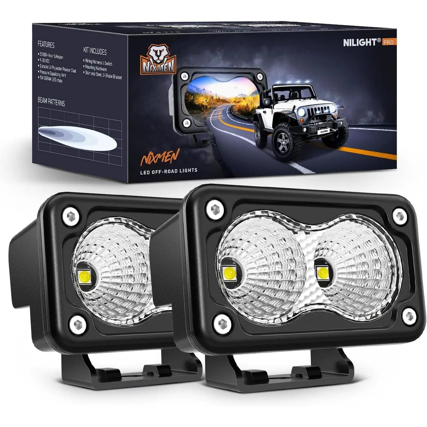 Nilight Adjustable Motorcycle LED Auxiliary Lights - 2PCS 3-in Floodlights, 1160LM OSRAM LEDs, Waterproof Mountable Offroad Fog Lights with Built-in EMC for Motorbikes to Boost Visibility