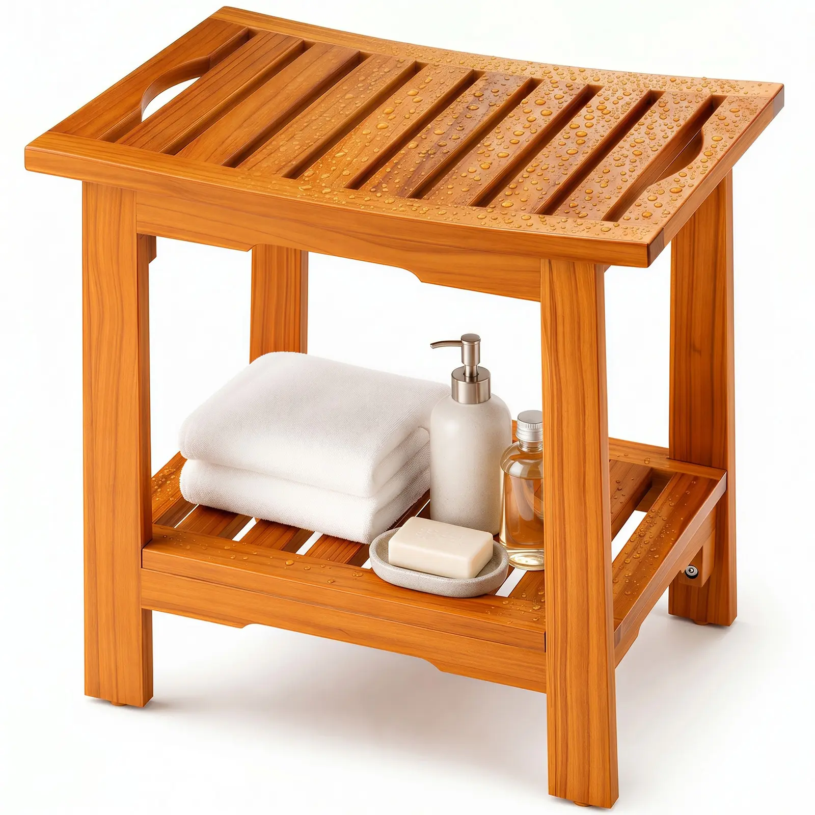 Sweetcrispy Teak Bathroom Shower Stool - Waterproof Wooden Seat with Storage Shelf, Non-Slip Design for Safe Bathing & Daily Support, Compact Indoor Spa Bench