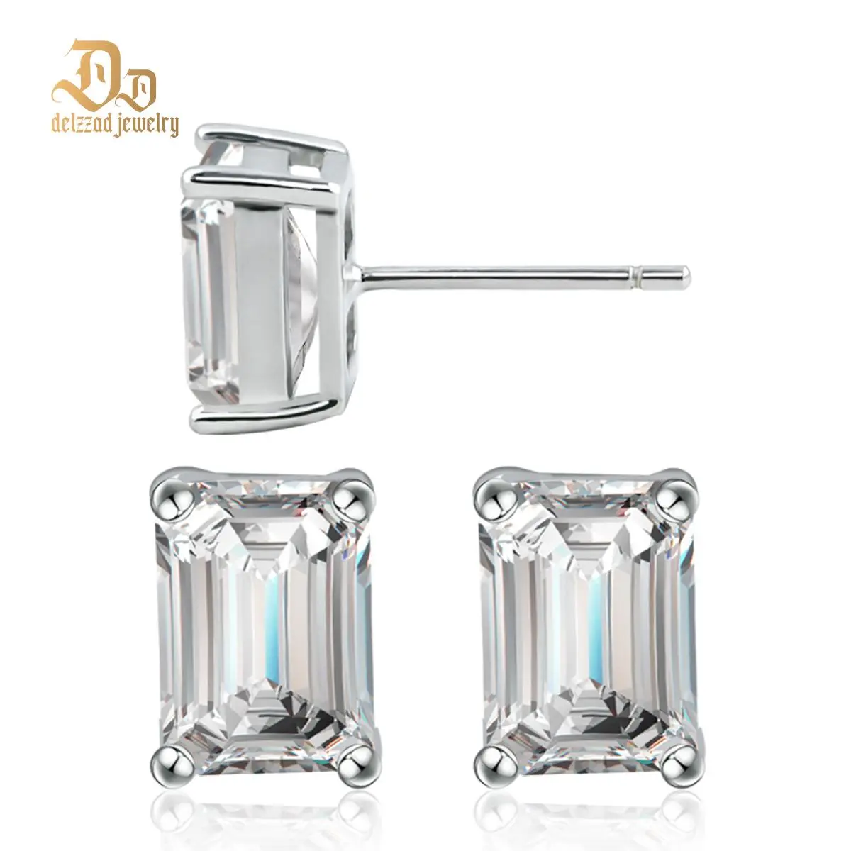 Delzzad Step Cut Stud Earrings Synthetic Moissanite Earrings S925 Christmas Gift for Men Women