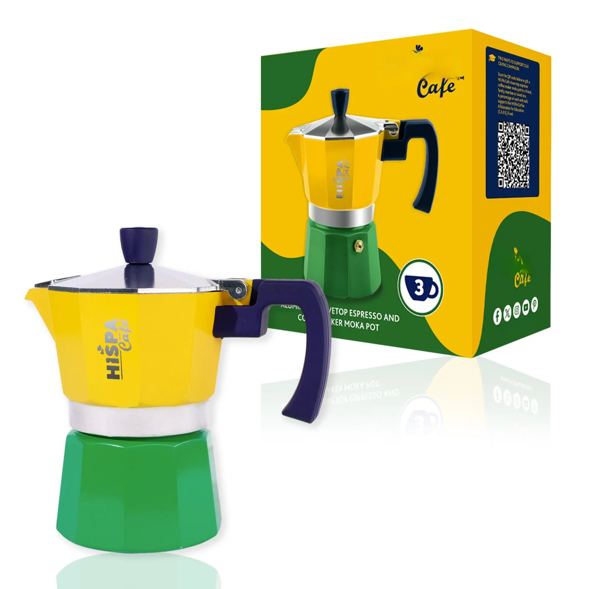 Stovetop Espresso Coffee Maker Moka Pot  3 Cups (6 Oz.) Aluminum Green Blue And Yellow Brazil Themed Cafeteira Cafetera