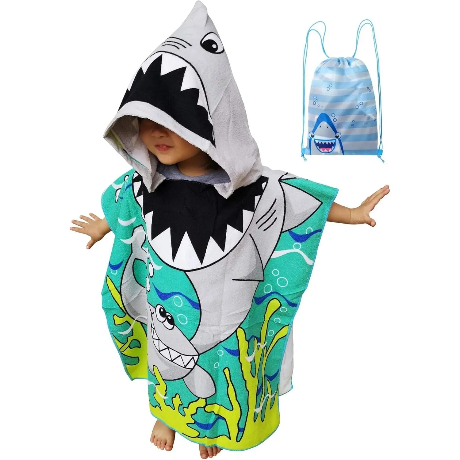 Z-HDW50   Wearable Towel for Kids Toddlers Bath Pool Beach Swim Poncho Cover-ups Swimwear for Little Boys Girls, Shark Theme with Bag