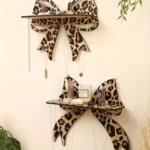 Leopard Print Bow Wall Shelf, Wall Mount Design, Wooden Crystal Display Stand, Decorative Hanging Jewelry Rack for Bedroom Living Room Vanity