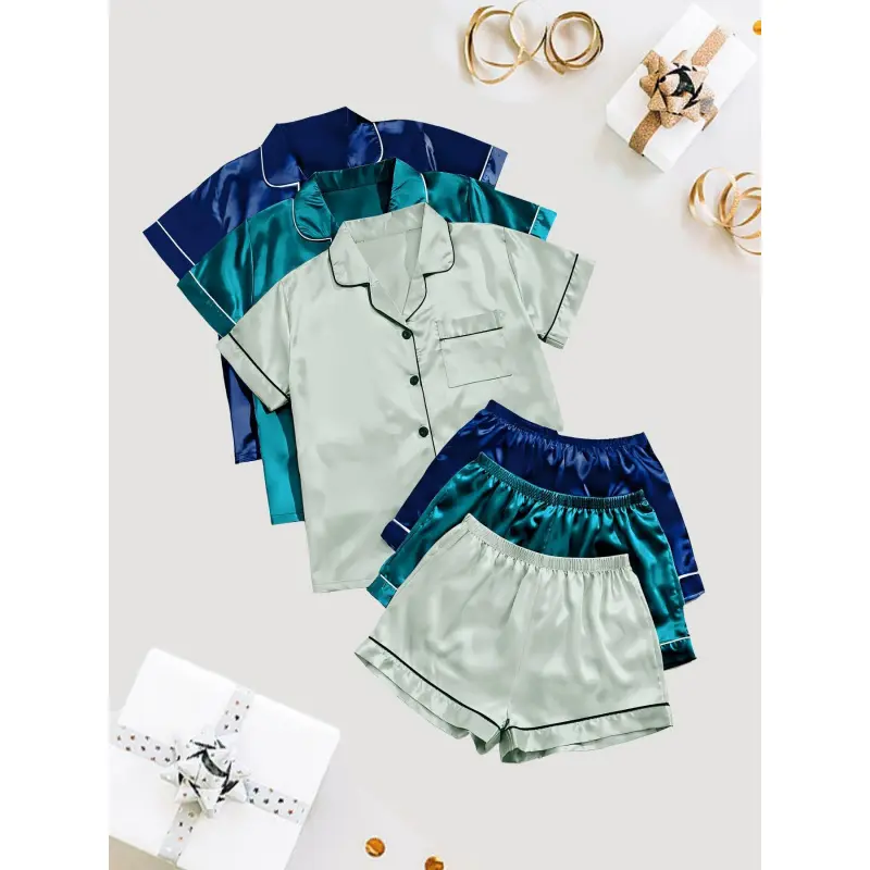 New(Please size up) WOMEN'S solid satin pyjama set, short sleeve button front lapel shirt & contrast binding shorts PJ set, sleepwear set Casual Loungewear Womenswear Chic