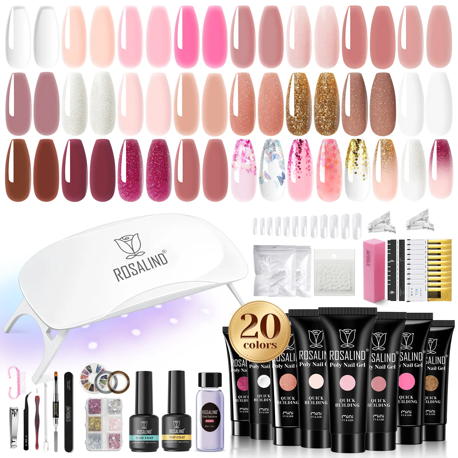 ROSALIND Poly Nail Gel Starter Gel Kit with Nail Tools Mini UV Light 8/14/20/28Colors Clear Natural Pink Glitter Diy French Design Christmas Gifts Manicure Essentials Extension Nail Gel Set