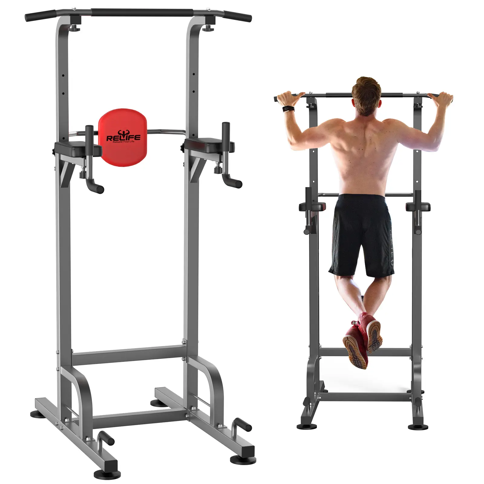 RELIFE REBUILD YOUR LIFE Pull Up Bar Power Tower Dip Station, Adjustable Steel Muscle Training Equipment for Home Fitness, Supports 400 lbs, Home Fitness Equipment, Home Gym Kit