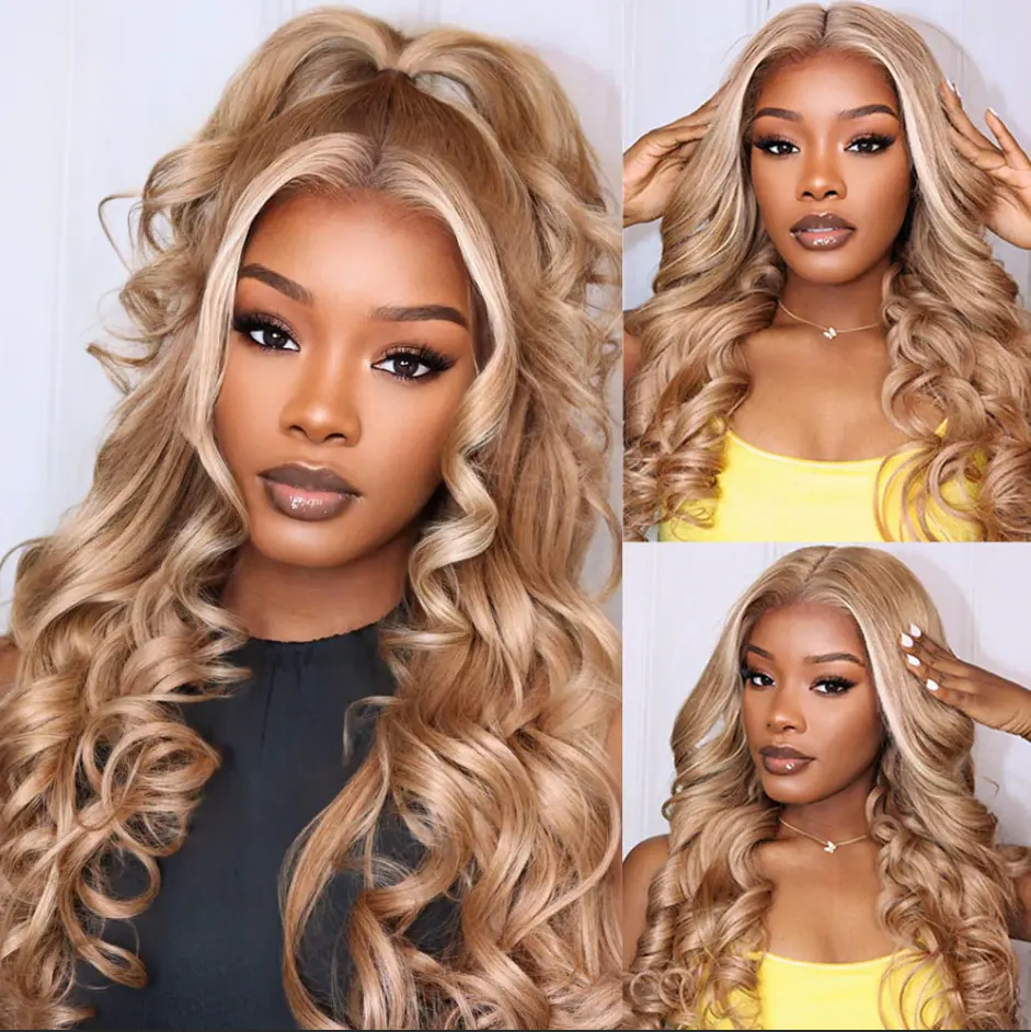 Megalook 13x6 Three-Go Milk Tea Brown With Highlight Glueless Body Wave With Drawstring 100% Human Hair Wig #Summervibes