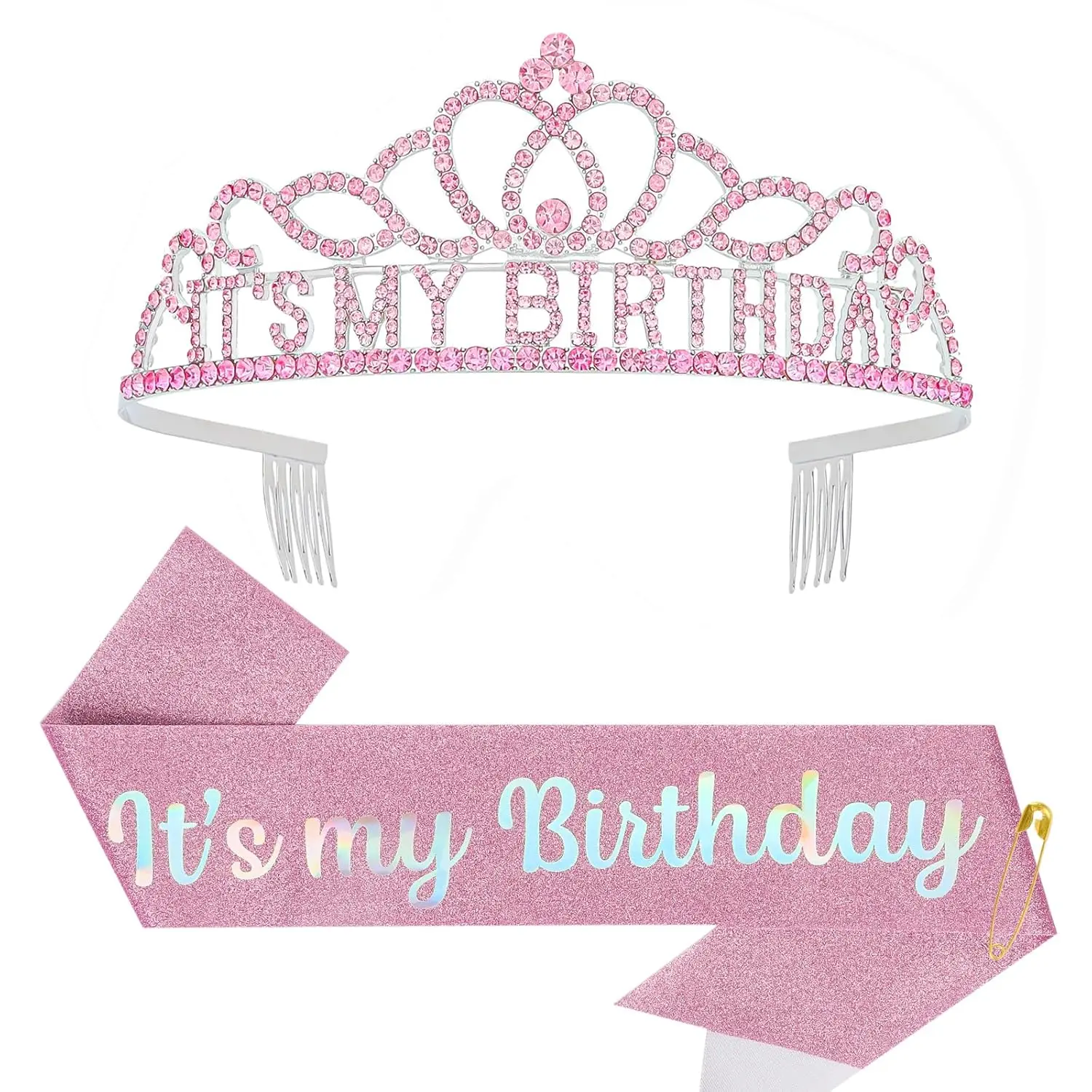 Birthday Crown and Sash Set for Women & Girls, Adjustable Alloy Rhinestone Tiara & Hot Pink Glitter Print "It's My Birthday" Sash for Party Favors, Role Play, Headdress, Graphic, Tiara Form, 1 Pin Included, Sparkly Look, Tiara/Sash Set