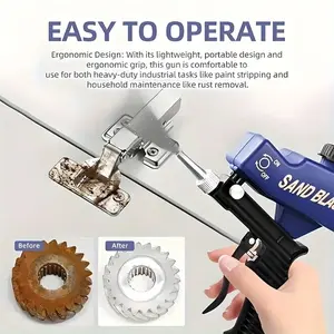 Small portable pneumatic blue sandblasting gun—metal rust removal and restoration: cleans hardware, gears, bolts, and metal rust. Efficiently removes old paint and welding residue from metal surfaces for surface preparation before repainting or coating.