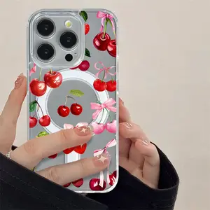 Pink Cherry Bow Magnetic Clear Compatible with MagSafe Shockproof Protective Slim Thin Phone Case Cover for iPhone X Xsmax17 11 12 13 14 15 16Pro Max