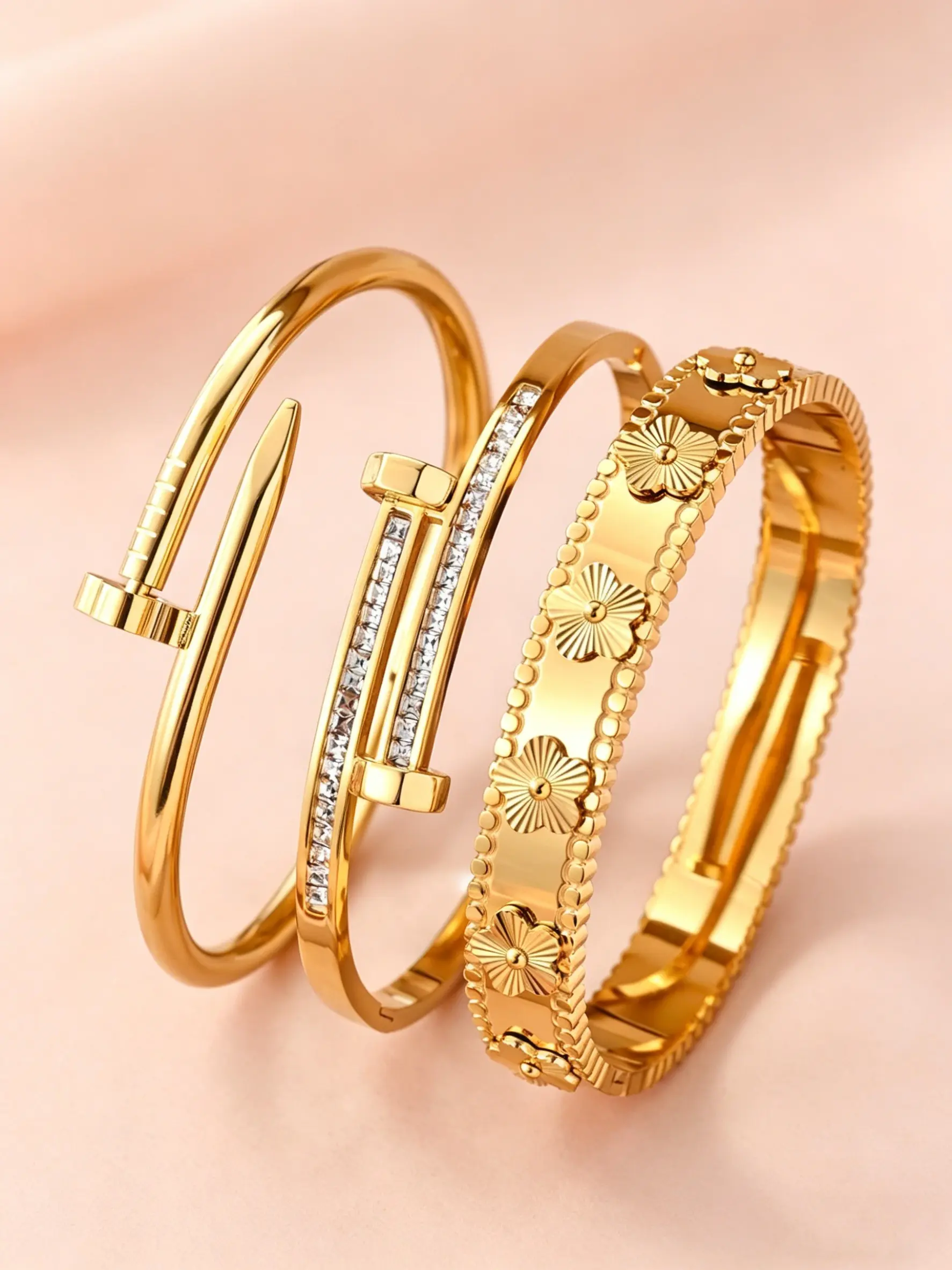 3-piece set of gold metal clover stainless steel stackable bracelet, Bracelet Sets, with multiple layers of inlaid rhinestones, suitable for daily wear, casual, parties, weddings