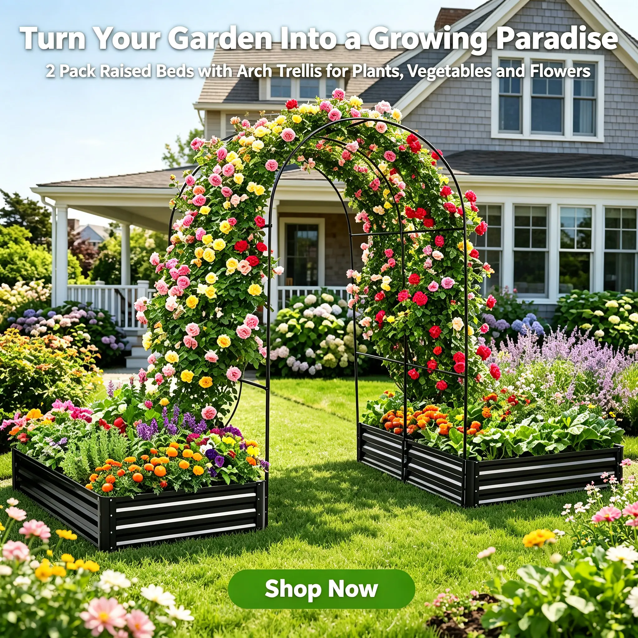2-Pack Metal Raised Garden Beds with Arch Trellises - Outdoor Planter Boxes for Climbing Plants, Vegetables