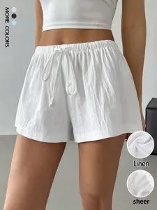 Women's Linen Shorts, Casual, Summer Loose Fitted Drawstring Elastic Waist Wide Leg Shorts Lounge Boxers Pants Solid Color Breathable Beach Dolphin Shorts