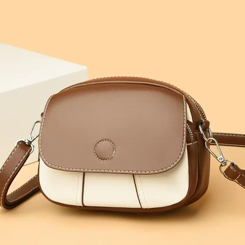 Trendy Patchwork Mini Bag ，Cute & Versatile Mini Satchel - Chic Small Bag for GirlsHigh-quality PU Leather Crossbody Bag, Small Round Handbag, Fashionable Shoulder Bag, Gift for girl Daily Commuter Purse
