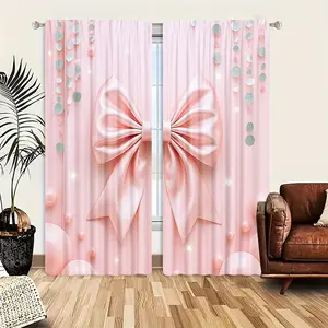 2pcs Creative Bow Pattern Half-Blackout Curtains, Cute Cartoon Patterns Art Style, Decorative Versatility, Suitable for Kitchen, Living Room, Bedroom, Bathroom, Game Room