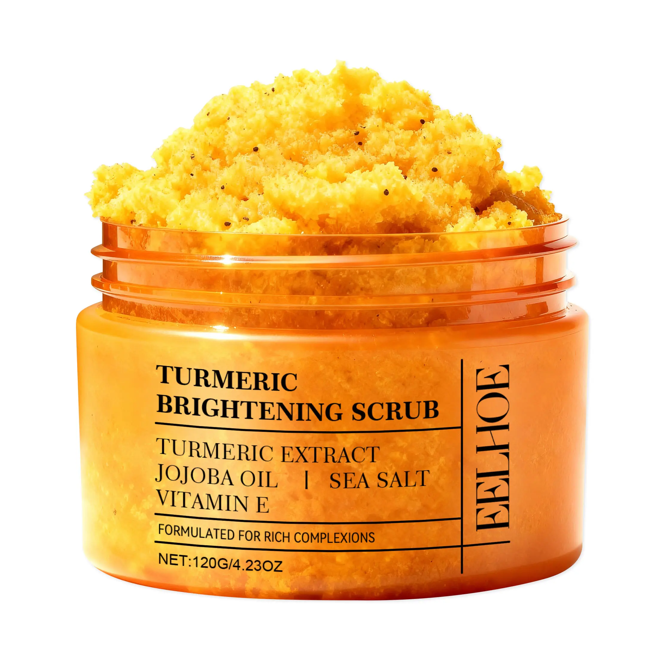 EELHOE Turmeric Body Scrub, Sea Salt Exfoliating Body Polish with Jojoba Oil & Vitamin E, Nourishing Moisturizing Skin Smoothing Scrub for Dry Rough Skin, 120g/4.23oz