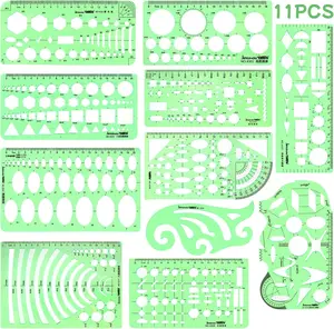 11 count Geometric Drawings Templates, Drafting Stencils Measuring Tools, Transparent Green Plastic Ruler, for Architecture, Office, Studying, Designing