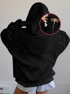 Women's Fashion Womenswear Silver Color Zipper Double Layer Hoodie Tops, Casual Butterfly Pattern Fitted Sweatshirt, Fall & Winter Wear