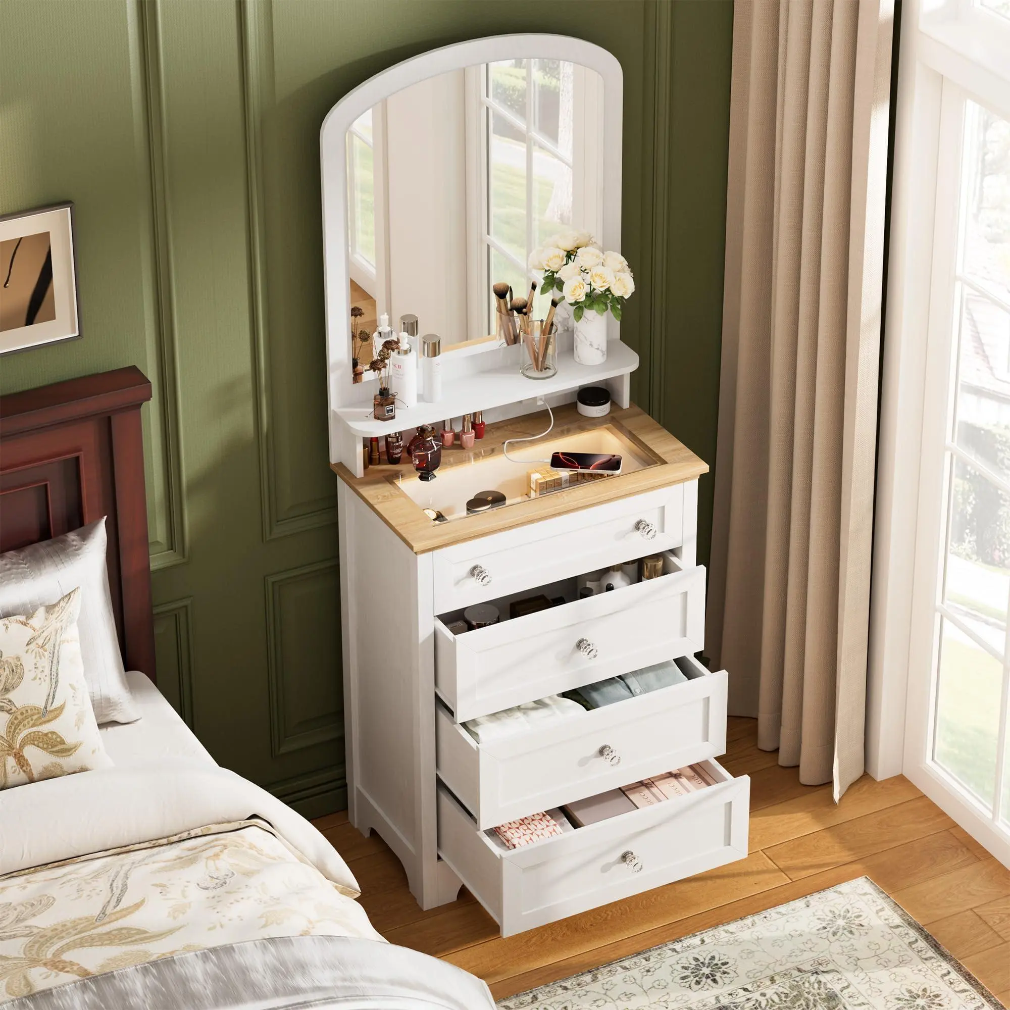 Compact White 4-Drawer Dresser Vanity with Mirror, Built-in Charging Station and LED Light Strip for Bedroom Living Room