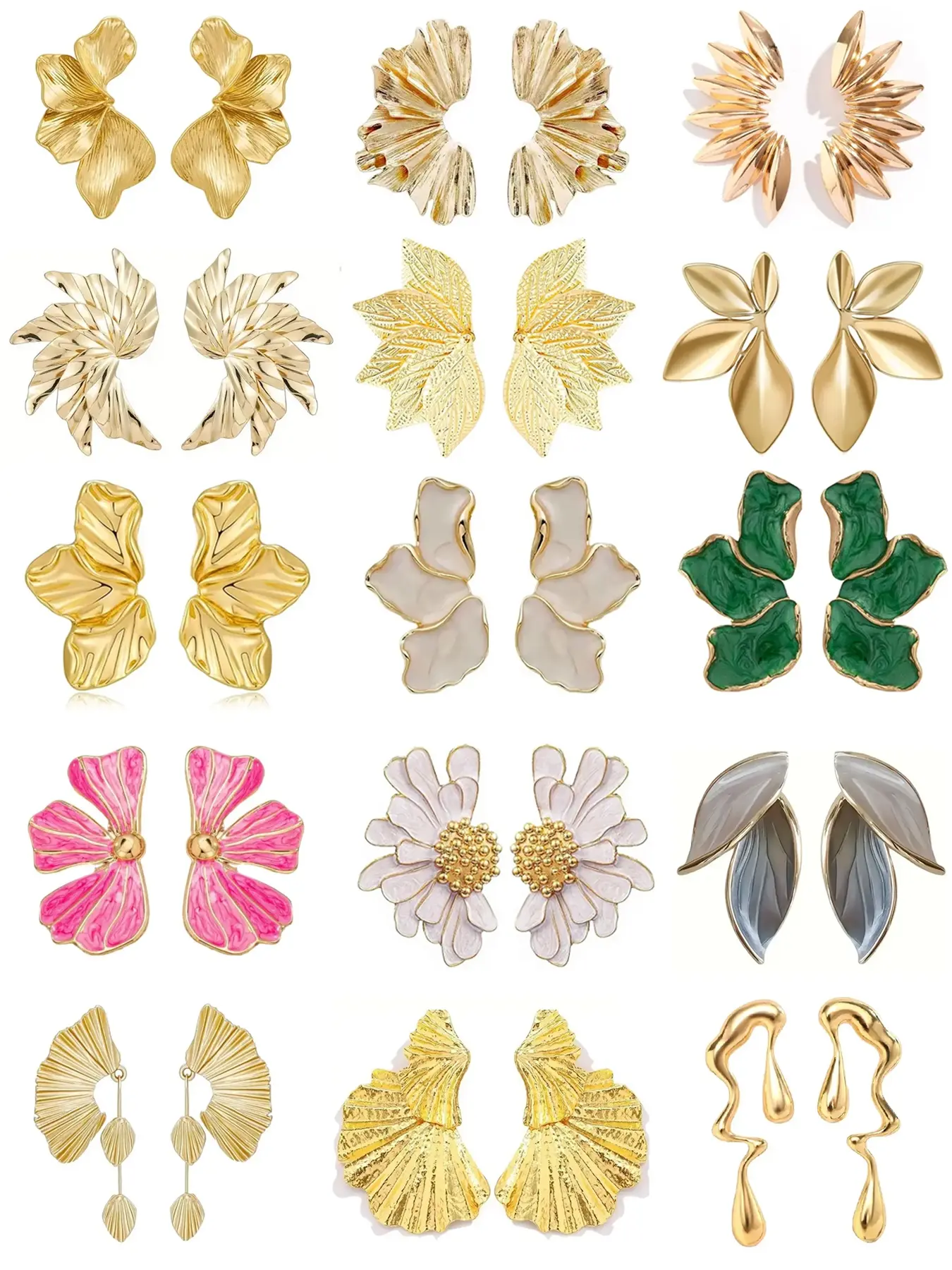 15 Pairs Chunky Statement Earrings for Women, Gold Plated Sectored Flower Leaf Shell Design, Hypoallergenic Large Stud Earrings, Stud Earring Jewelry, Fashionable Earrings, Studs Earrings, Earring Set