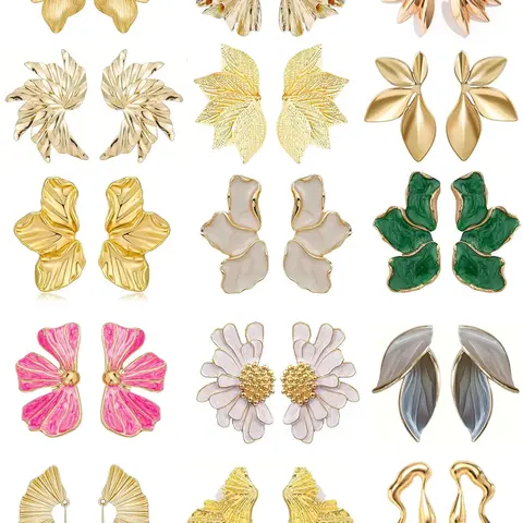 15 Pairs Chunky Statement Earrings for Women, Gold Plated Sectored Flower Leaf Shell Design, Hypoallergenic Large Stud Earrings, Stud Earring Jewelry, Fashionable Earrings, Studs Earrings, Stud Earring Pack