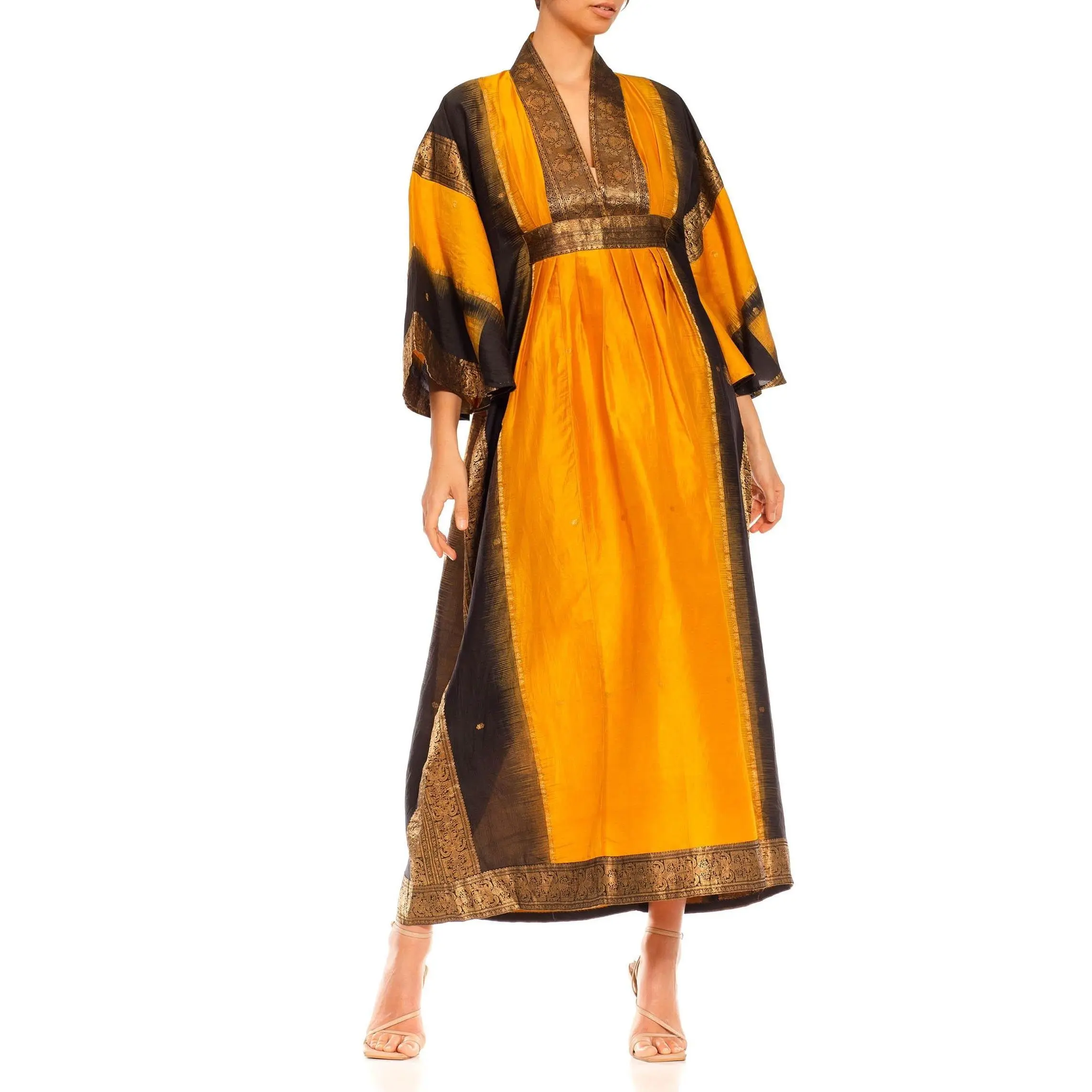 MORPHEW COLLECTION Saffron, Black & Gold Silk Kaftan Made From Vintage Sari